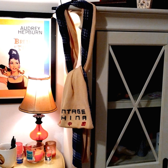 Vintage China blue plaid & cream waffle texture unisex flannel scarf-70 inches - Picture 1 of 5